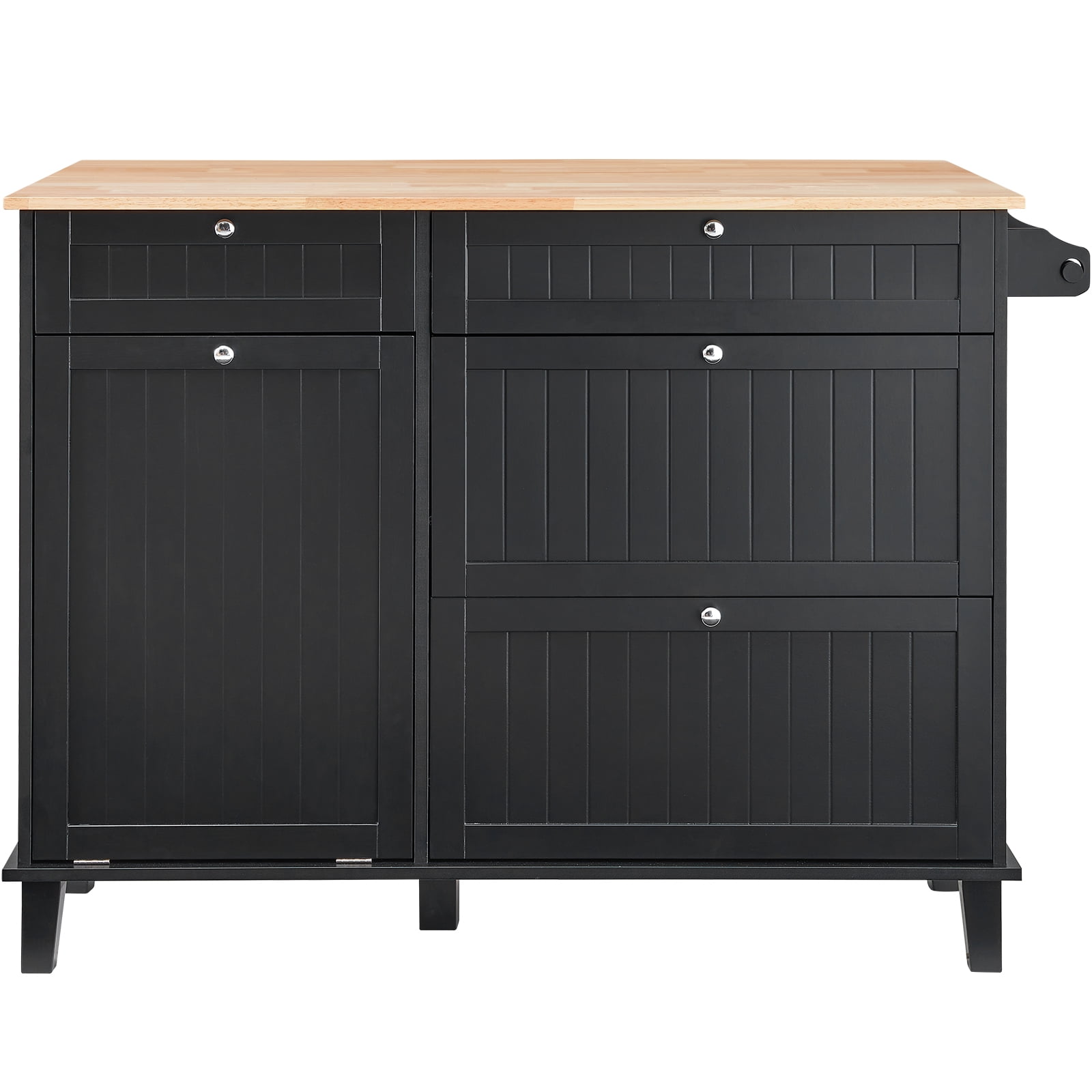 KFFKFF Kitchen Island Cart with 50" Wooden Top, Breakfast Bar Featuring Tilt-Out Trash Cabinet for 10-Gallon Storage, Farmhouse Style Dining Table with Drop Leaf, Towel Rack, and Drawer, Black