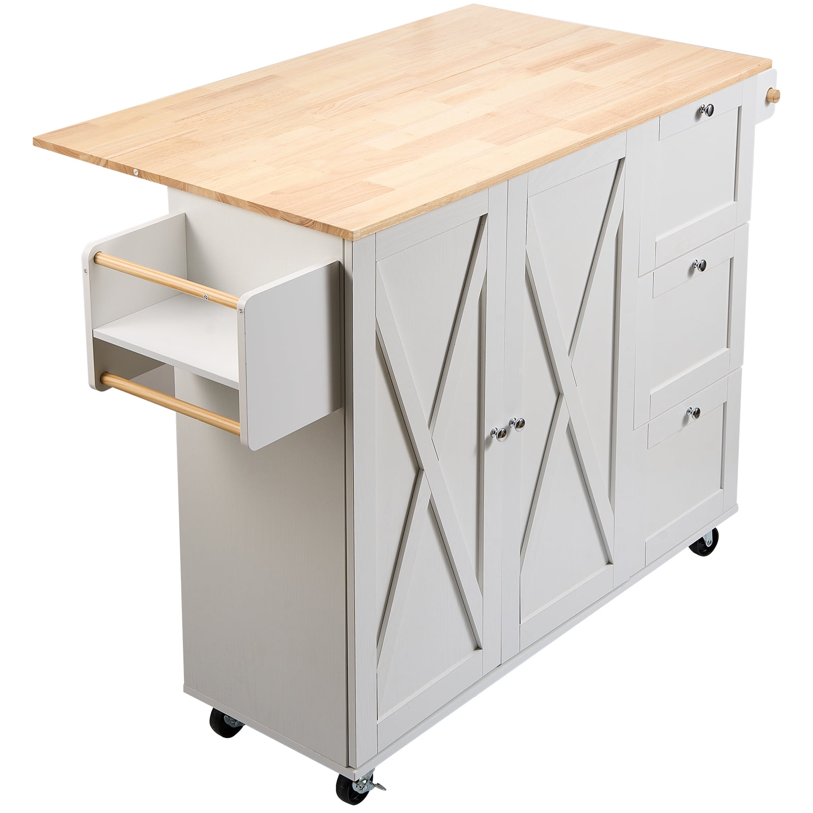 KFFKFF Kitchen Island Cart with Solid Wood Top, 45.3" Wide Mobile Cart with Storage Cabinet, Rolling Kitchen Table Featuring Spice Rack, Towel Holder, Drop Leaf, and Drawer, Portable Island on Wheels
