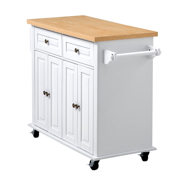 KFFKFF Kitchen Island Cart with Storage, 43.7 in Wide Rolling Cart on Swivel Wheels, Featuring 2 Drawers, Cabinet, Spice/Towel Rack, Hooks, and Table for Home or Dining Room, White