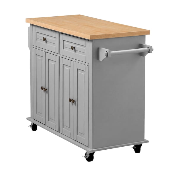 KFFKFF Kitchen Island Cart with Storage, 43.7 in Wide Rolling Utility Cart on Swivel Wheels, Featuring 2 Drawers, Cabinet, Spice/Towel Rack, Hooks, and Table for Home or Dining Room, Gray