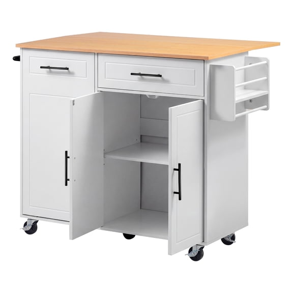 KFFKFF Kitchen Island Cart with Storage, 46.06 in Wide Rolling Storage Island on Swivel Wheels, Featuring Drawer, Cabinet, Drop Leaf, Spice/Towel Rack, Table for Dining Room or Kitchen, White