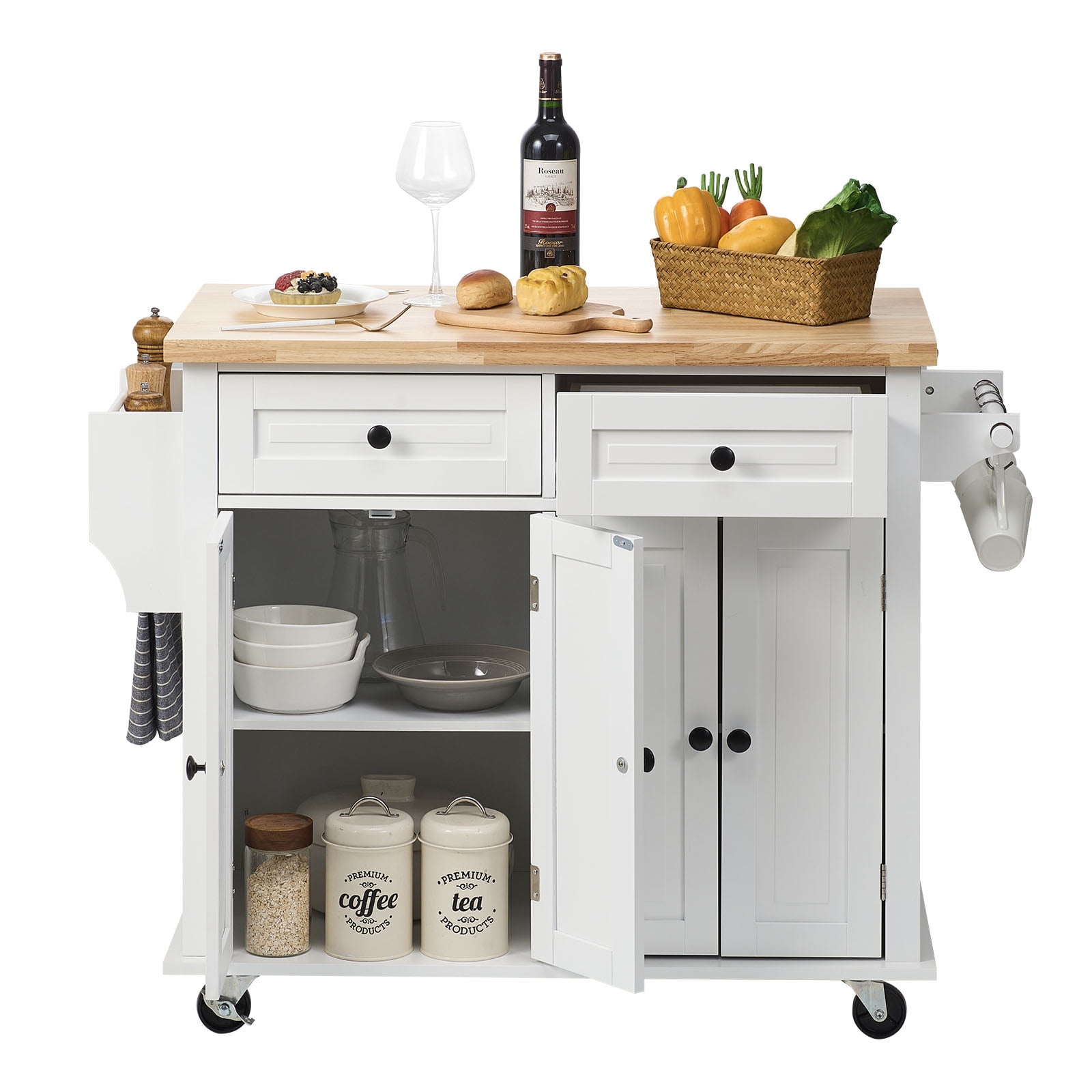 KFFKFF Kitchen Island Cart w/ Solid Wood Top, 35.4 inches Rolling Storage Kitchen Cabinet Cart with Drawers and Shelves & Silent Lockable Wheel
