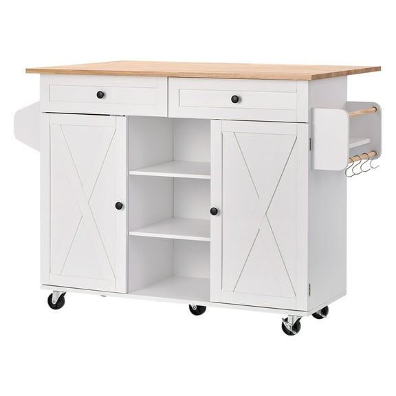 KFFKFF Kitchen Island Cart with Wood Top, Storage Cabinet, Drop Leaf, Drawers, Spice and Towel Rack, Rolling Table on Swivel Wheels, 52in Wide, White