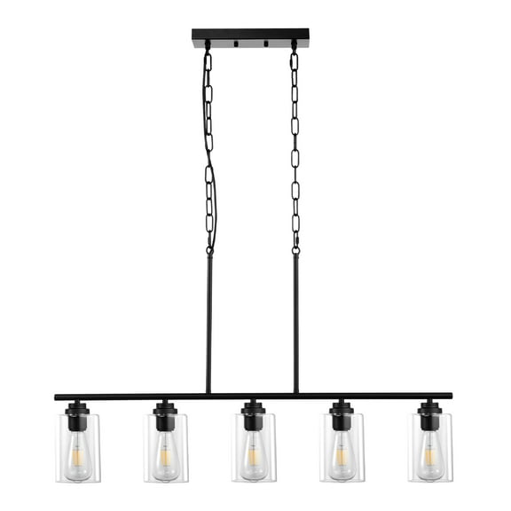 KFFKFF Kitchen Island Pendant Lighting, 60W, Modifiable Dining Area Illumination with Transparent Glass Shade, 4 Rods, 2 Metal Chains, Metallic Structure, Rustic Linear Lamps for Dining Space, E26