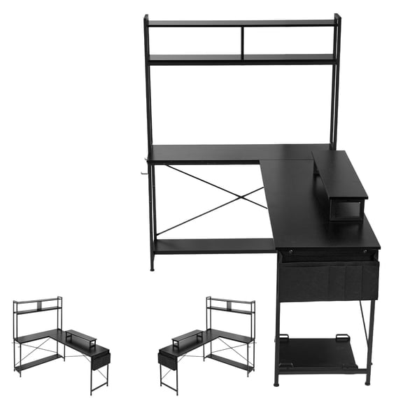 KFFKFF L-Shaped Computer Desk, 67-inch Reversible Corner Desk with Monitor Shelf & Movable CPU Stand, Modern PC Table for Home Office or Gaming Setup - Simple Assembly