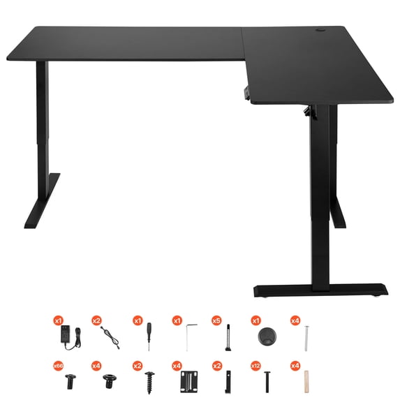KFFKFF L-Shaped Desk with Adjustable Height, Corner Gaming Table Featuring Dual Hooks, Durable Carbon Steel Frame with Integrated Power Outlets for Home or Office Use, Simple Assembly, Black