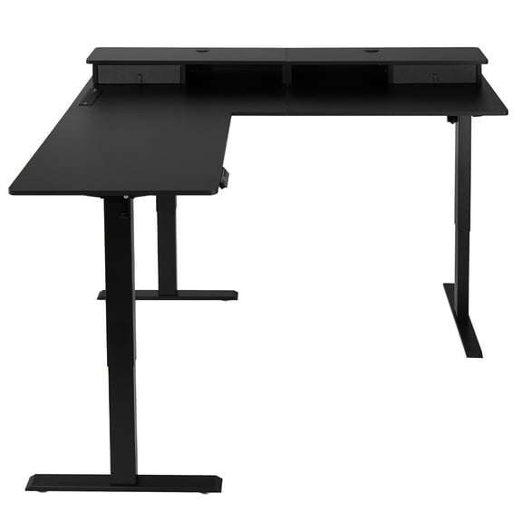 KFFKFF L-Shaped Electric Height Adjustable Desk, Corner Gaming Desk with CPU Stand, Dual Hooks, Fabric Drawers, and Light Strip, Computer Table for Home Office, Easy Assembly, Black