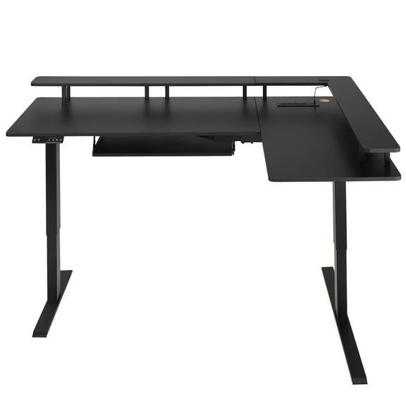 KFFKFF L-Shaped Electric Height Adjustable Desk, Corner Gaming Desk with Keyboard Tray and Dual Hooks, Sturdy Computer Table with LED Light Strip for Home Office, Simple Assembly, Black