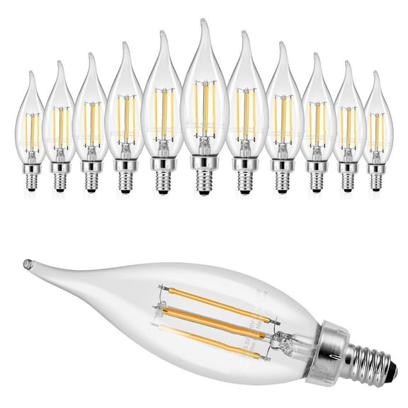 KFFKFF LED Candelabra Bulbs, 12-Pack Dimmable Candle Light Bulbs, Vintage Flame Tip Design with 2725K Warm Glow, High CRI 90+ & E12 Base for Chandeliers, Wall Fixtures, and Table Lamps