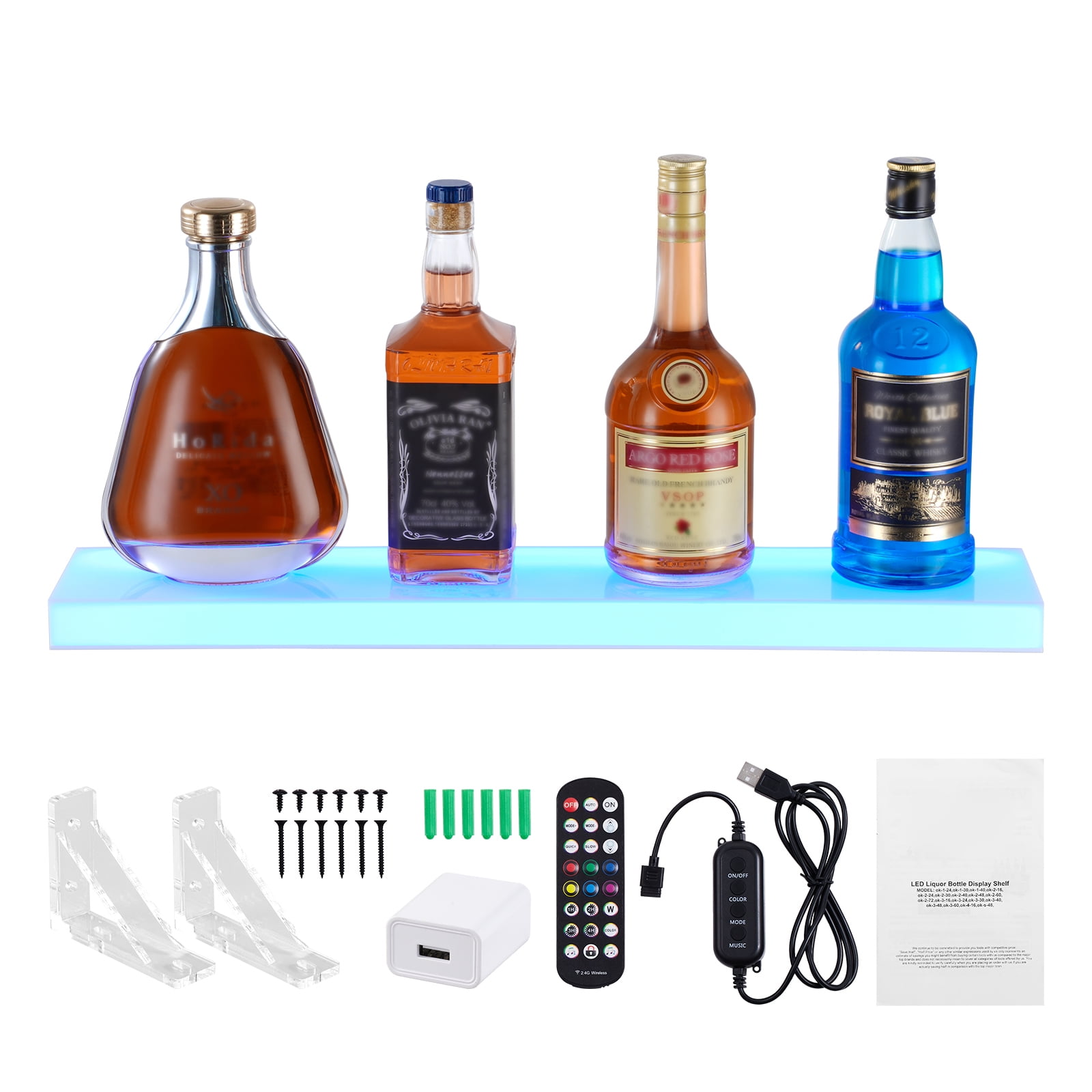 KFFKFF LED Illuminated Bar Shelf, 24" Single Tier, Wall Mount Liquor Bottle Display, Acrylic Beverage Rack with RF Remote & App for Home Bars, Commercial Use