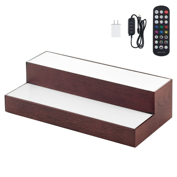 KFFKFF LED Illuminated Liquor Bottle Display, 2-Tier 16-Inch Whiskey Rack with USB Support, Home Bar Shelf with RF Remote & App Control, 7 Static Colors, Acrylic and Wood Shelf for 8 Bottles