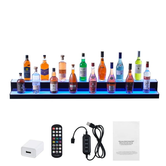 KFFKFF LED Lighted Liquor Bottle Display, 2-Tier 60-Inch Illuminated Bar Shelf, Acrylic Drink Rack with Remote & App Control, Multicolor Lighting for Home or Commercial Use