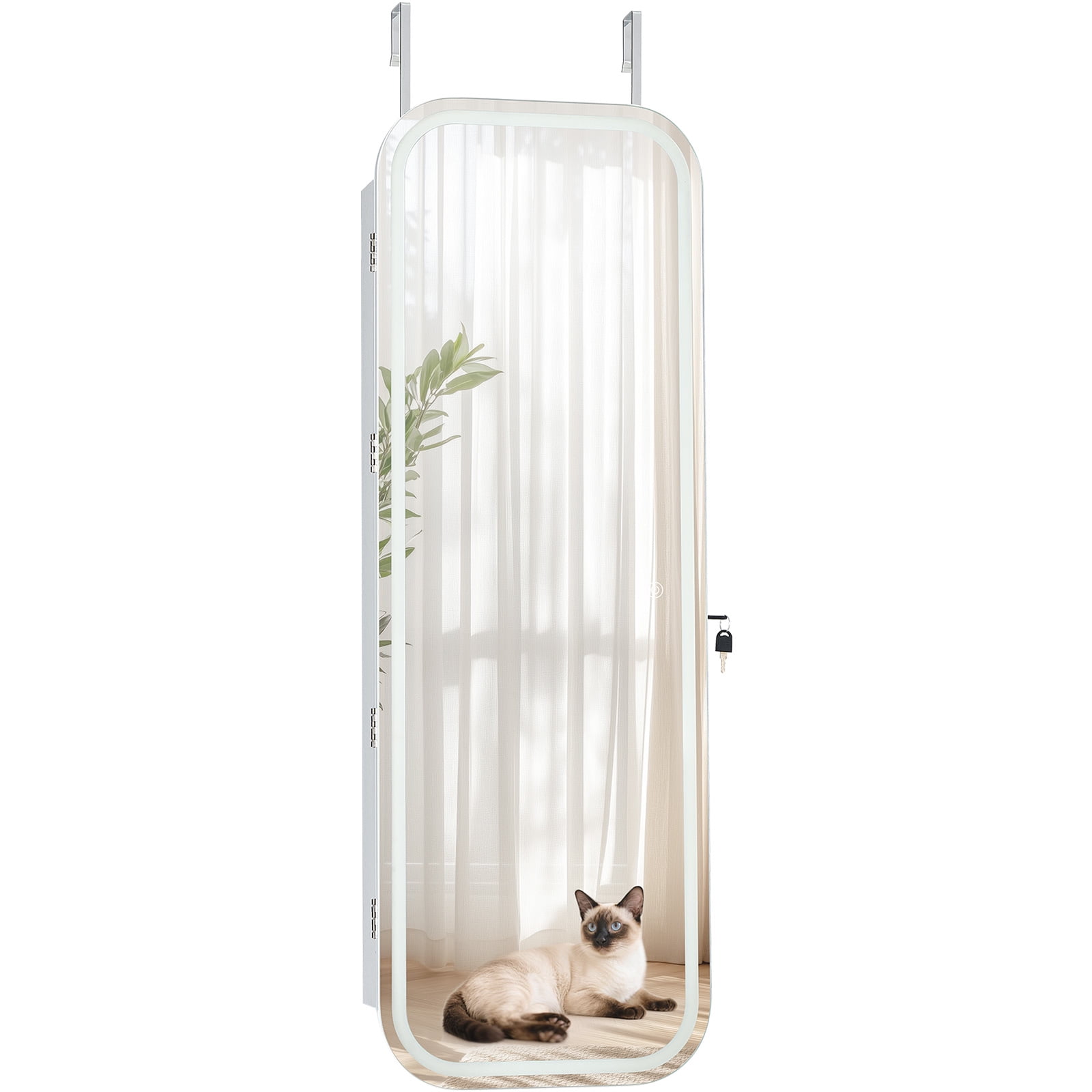 KFFKFF LED Mirror Jewelry Cabinet, 42.5-inch Tall, Full-Length Mirror with Storage, Wall-Mount or Over-the-Door Jewelry Organizer with Lights, Rounded Edges, Lockable Door with 2 Keys, White