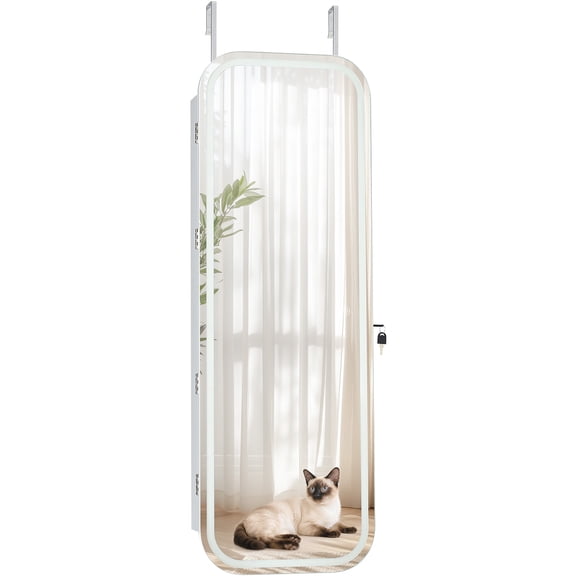 KFFKFF LED Mirror Jewelry Cabinet, 42.5-inch Tall, Full-Length Mirror with Storage, Wall-Mount or Over-the-Door Jewelry Organizer with Lights, Rounded Edges, Lockable Door with 2 Keys, White