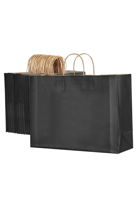 50 pack Large Kraft Paper Bags with Handles 16 x 6 x 12 in, Durable Gift Bags, Recycled Grocery Bags, Multipurpose Take-Out Sacks for Event, Party, Business, Black