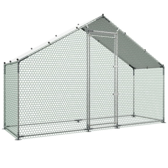 KFFKFF Large Metal Chicken Coop, 9.8 x 3.3 x 6.6 ft, Walk-in Poultry Enclosure with Weatherproof Cover and Durable Frame, Spire Roof Cage for Rabbits, Hens, Ducks, and Geese in Outdoor Spaces