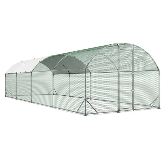 KFFKFF Large Metal Chicken Coop, 9 x 25 x 6.6 ft, Walk-in Poultry Enclosure with Weatherproof Cover & Durable Frame, Arched Roof Cage for Chickens, Ducks, Rabbits, and Geese in Outdoor Farm Settings