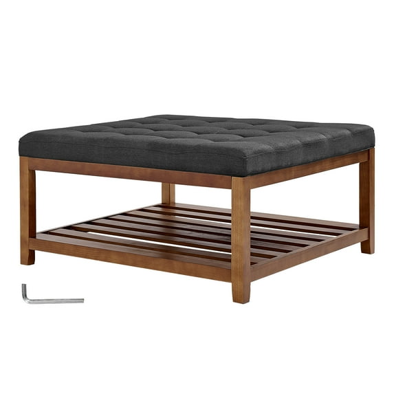 KFFKFF Large Square Ottoman Coffee Table, 34.5-Inch Tufted Design with Solid Wood Shelf, Upholstered Linen Footrest for Bedroom or Living Room, 400 lbs Capacity, Dark Gray
