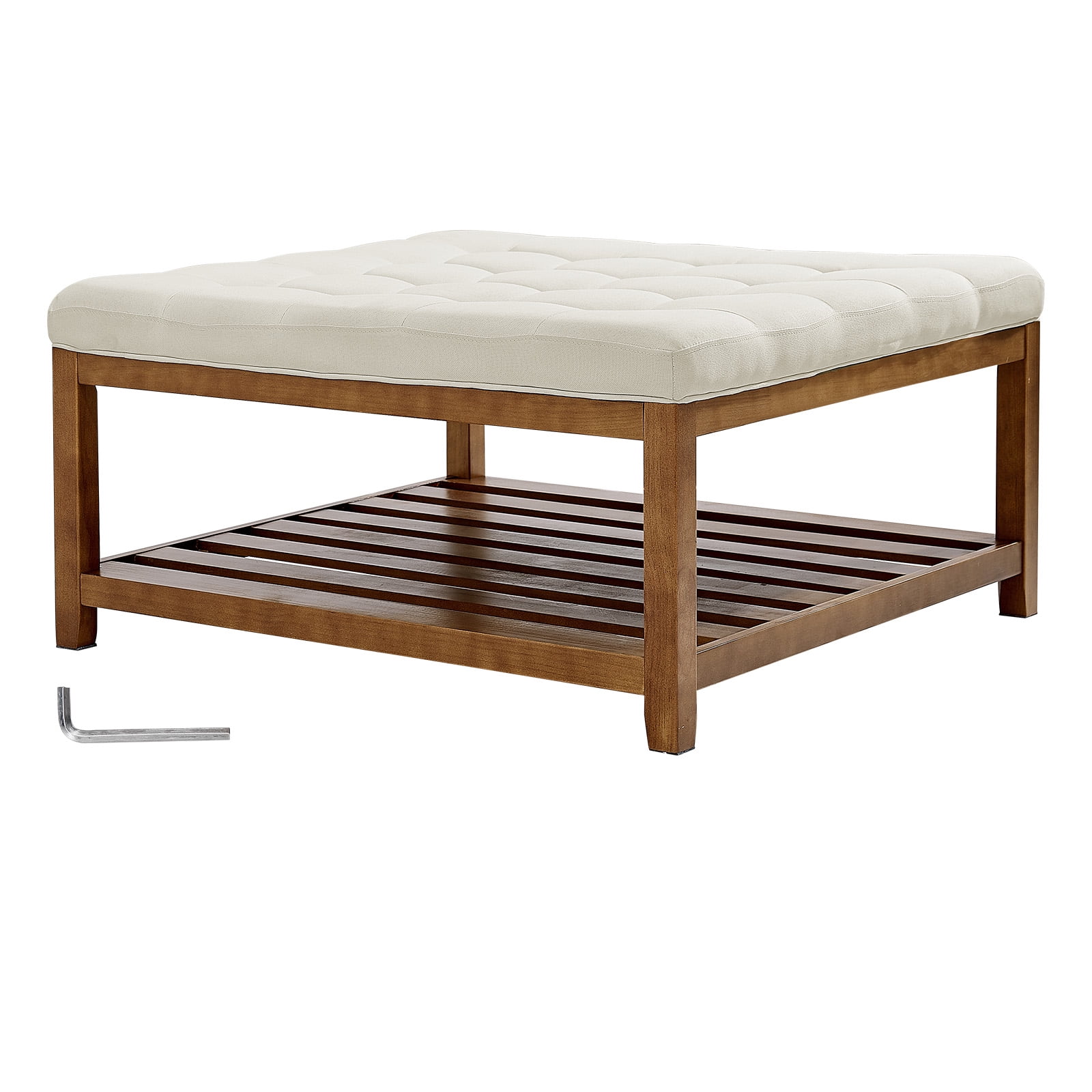 KFFKFF Large Square Ottoman Coffee Table, 34.5-Inch Tufted Design with Solid Wood Storage Shelf, Upholstered Linen Footrest for Bedroom or Living Room, 400 lbs Capacity, Off-White