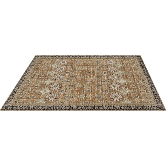 KFFKFF Large Washable Area Rug, 8 x 10 ft Soft Carpet with Non-Slip and Tear-Resistant Design, Pet-Friendly Vintage Indoor Mat for Bedroom, Living Room, Office, Brown Green