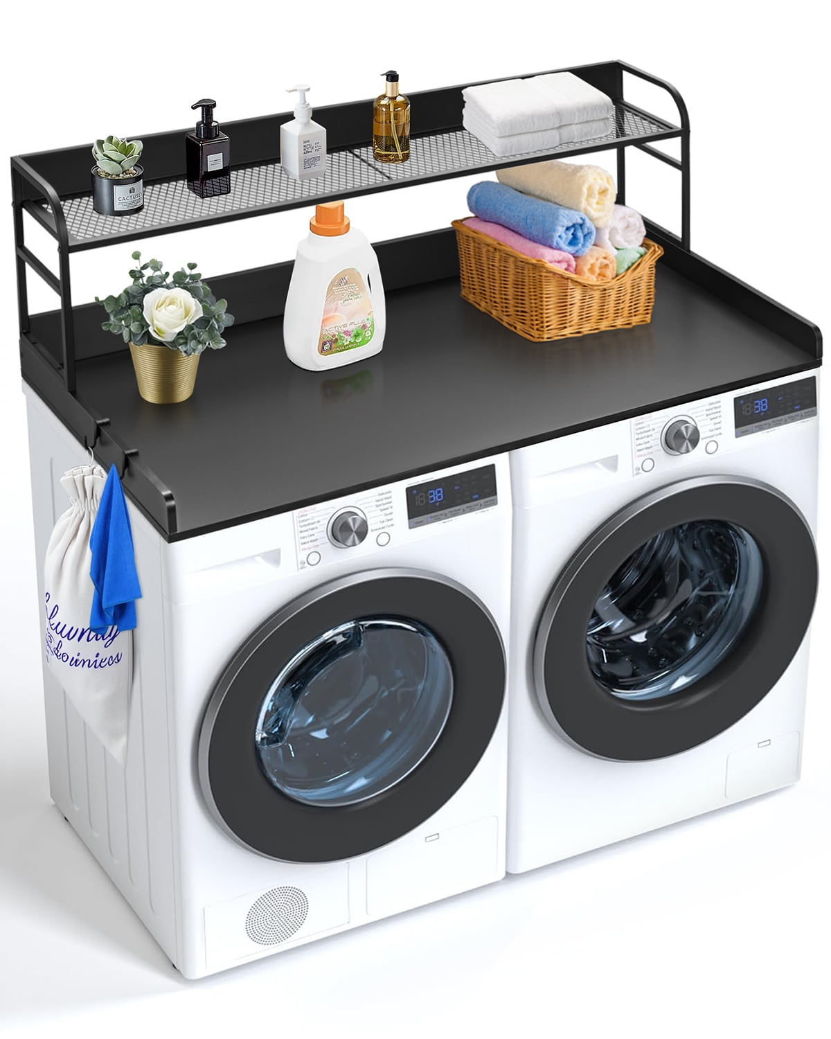 KFFKFF Laundry Room Organizer with Dual-Level Shelf, 54" x 27" Timber Constructed Washer-Dryer Surface with Non-Slip Cushions, Water-Repellent Laundry Appliance Overlay, Black
