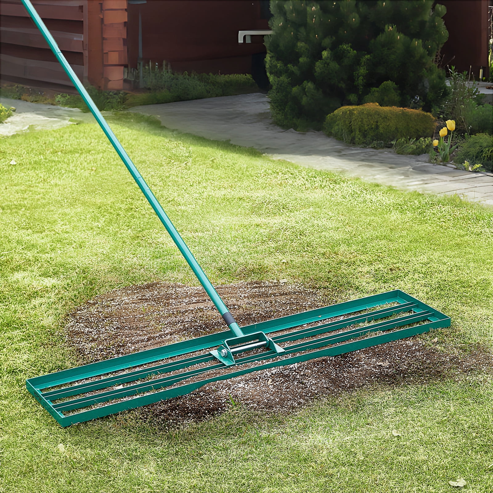Kffkff Lawn Leveling Rake 48 inchx10 inch Level Lawn Tool with 78 inch Steel Extended Handle, Size: 48 x 10, Green, image size:1600x1600