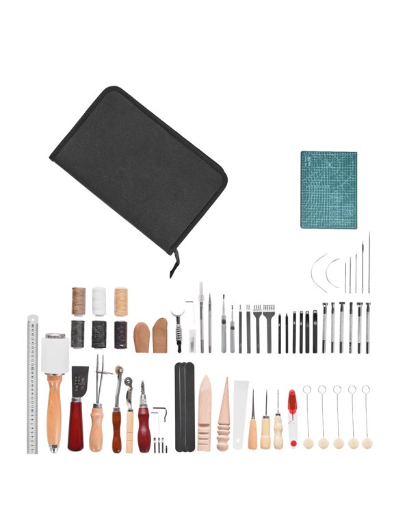 Leather Crafting Tool Set, 58 Piece Leatherwork Tools in Handy Canvas Carry Bag, Embossing Punching Sewing Buffing Instruments, Perfect for Novice DIY Hobbyists and Expert Craftsmen