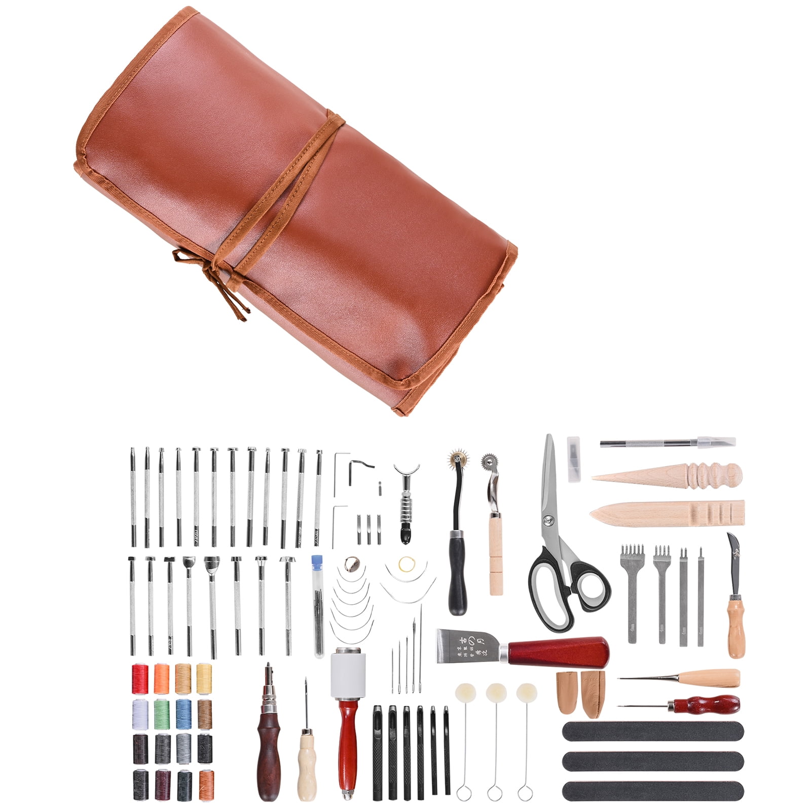KFFKFF Leather Crafting Tool Set, 92-Piece Leatherwork Kit with Compact Leather Carry Bag, Carving Punching Sewing Stamping Sanding Instruments, Perfect for Novice DIY Hobbyists and Experts