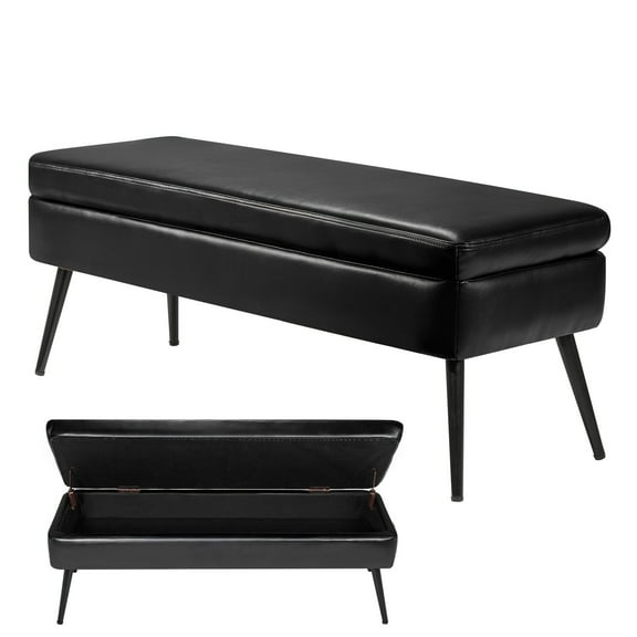 KFFKFF 48" Leather Ottoman Bench, Upholstered End of Bed Bench with Metal Legs, 660 Lbs Capacity, Decorative Entryway Bench with Storage, Black