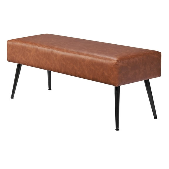 KFFKFF Leather Upholstered Bedroom Bench, PU Leather Seat with Metal Frame and Stitching, Modern Bench for Entryway, Living Room, Dining Room, or Hallway, Brown