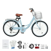 KFFKFF 24" Cruiser Bike, 7-Speed,Sky Blue Coastal Cycle with Spacious Basket and Back Stand, Reliable & Robust Leisure Bicycle with Modifiable Saddle