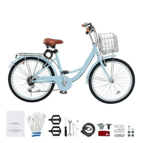 KFFKFF 24" Cruiser Bike, 7-Speed, Sky Blue Coastal Cycle with Spacious Basket and Back Stand, Robust Carbon Steel Leisure Bicycle with Modifiable Saddle, for Adult Men and Women