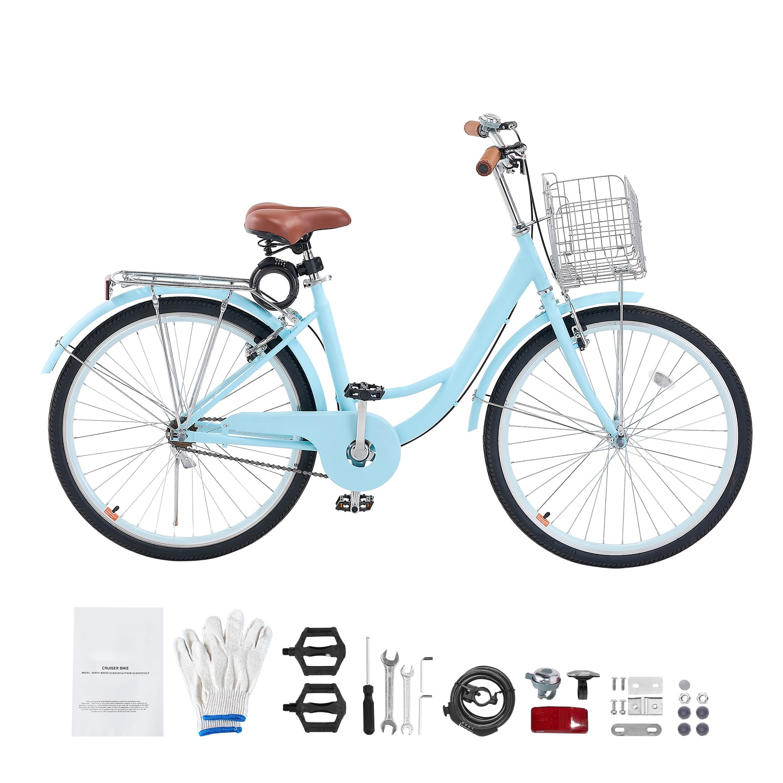 KFFKFF 26" Cruiser Bike,Single Speed,Pale Azure Coastal Cycle with Spacious Basket and Back Stand, Safe & Robust Bicycle with Modifiable Saddle