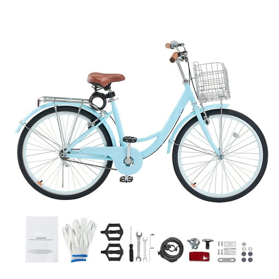 KFFKFF 26" Cruiser Bike,Single Speed,Pale Azure Coastal Cycle with Spacious Basket and Back Stand, Safe & Robust Bicycle with Modifiable Saddle