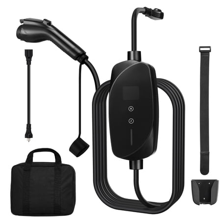 KFFKFF Level 1 & 2 EV Charger, 16 Amp Adjustable Current, Portable Electric Vehicle Charger with 25 ft Cable, 120V-240V, NEMA 6-20P Plug and NEMA 5-15 Adapter, LCD Display