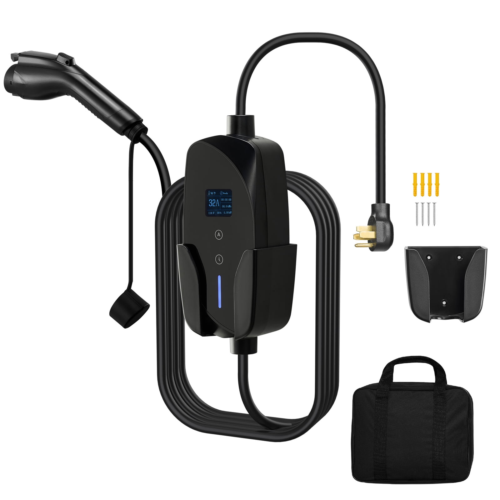 KFFKFF Level 2 EV Charger, 32 Amp Adjustable Current, 240V Portable Electric Vehicle Charger with 25 ft Cable, NEMA 14-50P Plug, LCD Screen, Home Charging Station for SAE J1772-Compatible Cars
