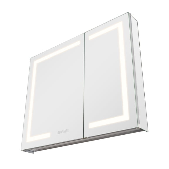 KFFKFF Lighted Medicine Cabinet with Mirror, 36 x 30 in, Recessed or Wall Mount, Dimmable LED Bathroom Cabinet with HD Mirror, Clock, Adjustable Shelves, and Defogging Memory Function