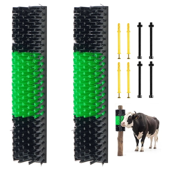 KFFKFF Livestock Scratching Brush, 2PCS Animal Scratcher Brush Post with 8 Screws, 16.9" x 7.5" Back Itch Relief and Massage Tool for Cattle, Horses, Goats, Sheep, and Pigs, Green & Black