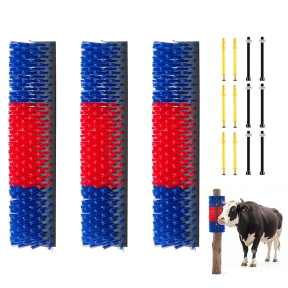 KFFKFF Livestock Scratching Brush, 3PCS Animal Scratcher Brush Post with 12 Screws, 16.9" x 7.5" Back Itch Relief and Grooming Tool for Horses, Cattle, Goats, Sheep, and Pigs, Blue & Red