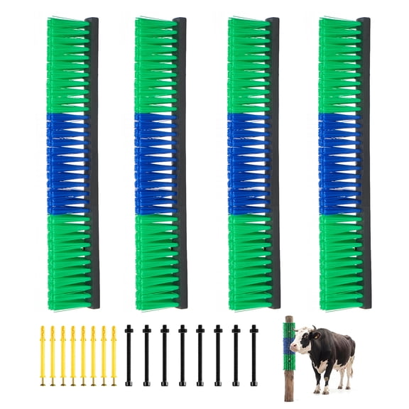 KFFKFF Livestock Scratching Brush, 4PCS Animal Scratcher Brush Post with 16 Screws, 16.9" x 3.9" Back Itch Relief and Massage Tool for Cattle, Goats, Horses, Sheep, and Pigs, Green & Blue