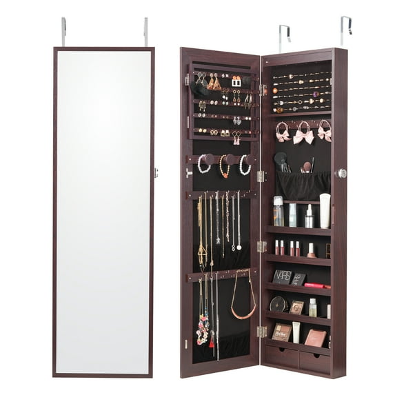 KFFKFF Lockable Jewelry Cabinet Armoire with Full-Length Mirror, 47-Inch Tall Organizer for Wall or Door Mount, LED Interior Lights and Velvet Lining, Brown
