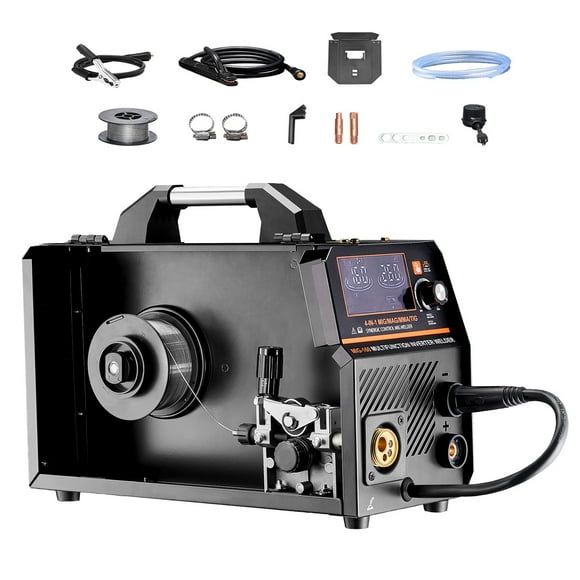 KFFKFF MIG Welding Device, 160A Synchronized Welding Apparatus, 4-in-1 Gas MIG/Flux Core MIG/Stick/Lift TIG Multi-Functional Welding Equipment, 110V/220V Dual Voltage Welding Tool with IGBT Inverter