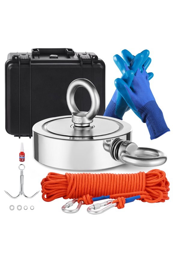 Magnet Fishing Kit, 1400 LBS/635 Kg Dual-Pull Force, Comprising of Rare Earth Neodymium Magnet, Accompanied by Grappling Hook, Sturdy Rope, Gloves, Eyebolt, and Portable Case