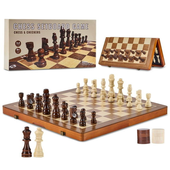 KFFKFF Magnetic Chess and Checkers Game Set, 15-inch Dual-Use, Foldable Wood Board for Kids and Adults, Includes Extra Queens, for Travel and Tournaments, Novices and Seasoned Players