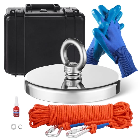 KFFKFF Magnetic Fishing Set, 2000 LBS/907 Kg Unilateral Pull Strength, Comprising of Rare Earth Neodymium Fishing Magnet, Accompanied by Grappling Hook, Robust Rope, Gloves, Eyebolt, and Case