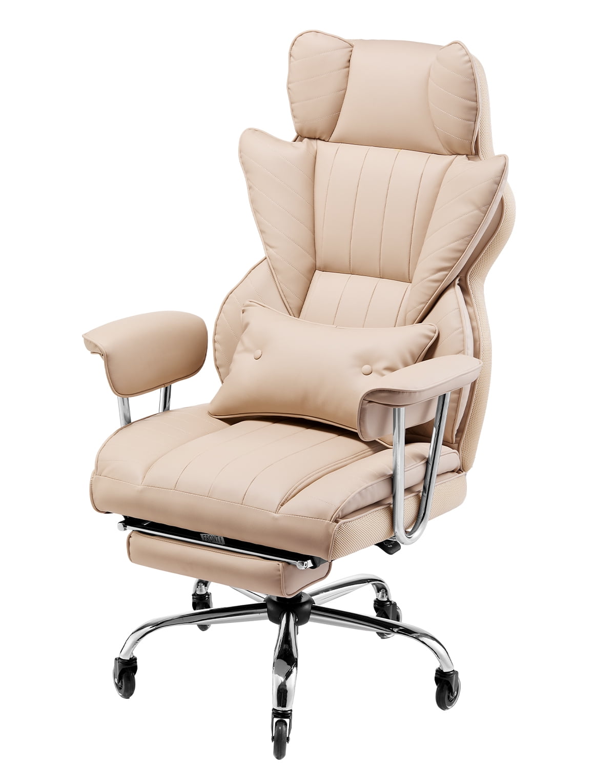 KFFKFF Managerial Office Seat, Tall Backrest Chair with Retractable Footstool and Detachable Arm Supports, Comfortable Workstation Chair, PU Leather Revolving Mobility Chair, Brown
