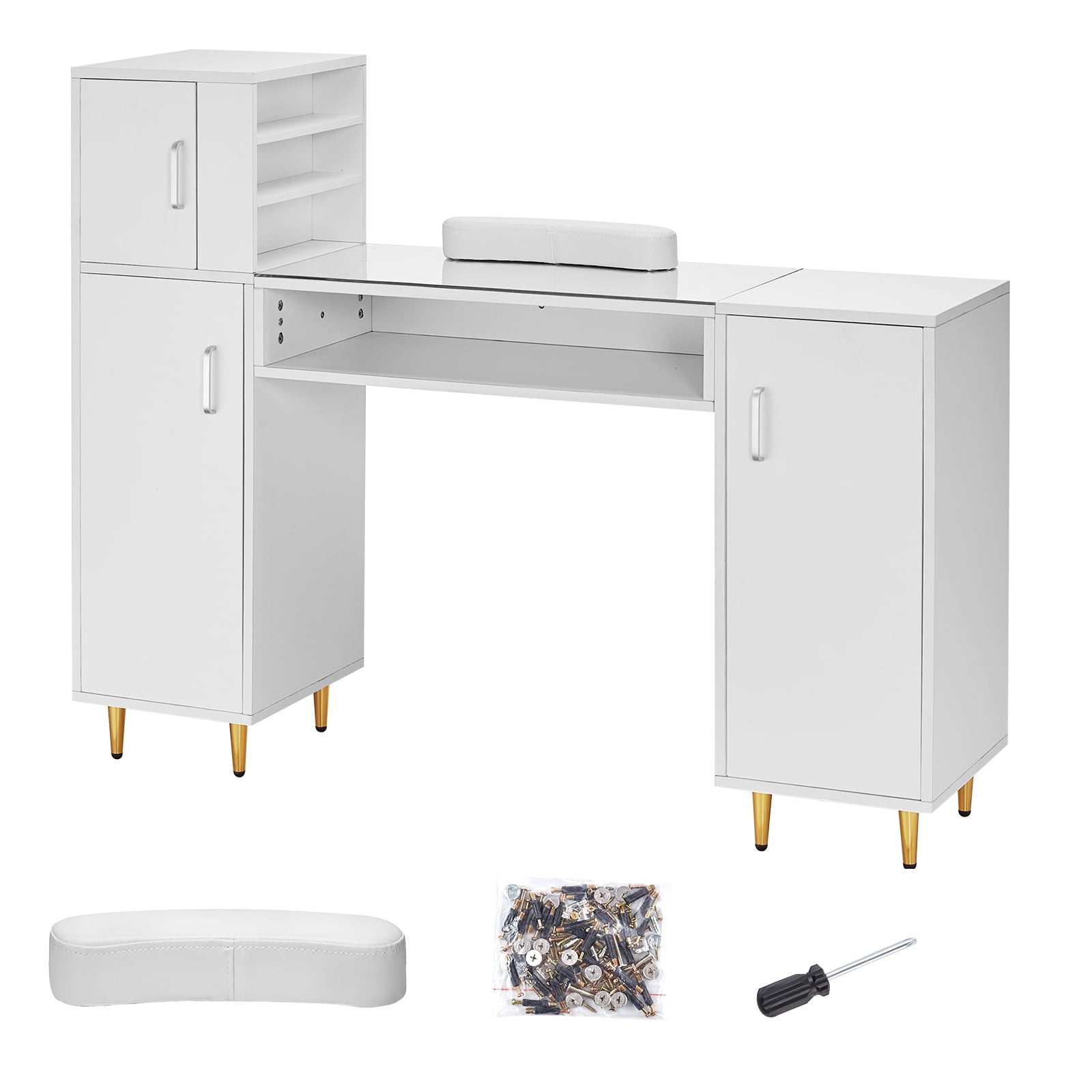 KFFKFF Manicure Station, Glass Surface Nail Table, Cosmetic and Nail Prep Desk with Organizational Compartments, Durable Nail Technician Desk for Salon Spa, Includes 8 Sturdy Legs and Wrist Support