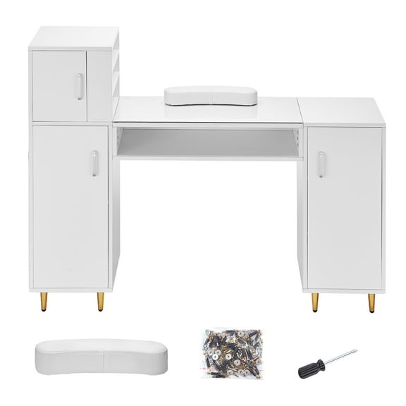KFFKFF Manicure Table, Crystal Surface Nail Counter, Cosmetic Vanity Nail Hub with Storage Units, Resistant to Acetone Nail Professional Desk for Beauty Parlor Spa Work Area with 8 Steel Supports