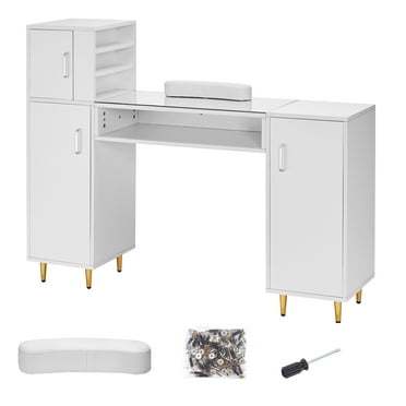 KFFKFF Manicure Table Nail Desk for Nail Tech w/Glass Top & Wrist Rest, Beauty Salon Nail Supplies Decor Workstation Acetone Resistant w/3 Side Cabinet, 8 Metal Legs for Spa Beauty Salon