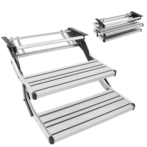 KFFKFF Manual 2-Step RV Stairs with 440 lbs Load Capacity, Retractable Aluminum Alloy Camper Steps, Durable Steel Frame, Non-Slip Design for Motorhomes, Travel Trailers, and Camper Vans